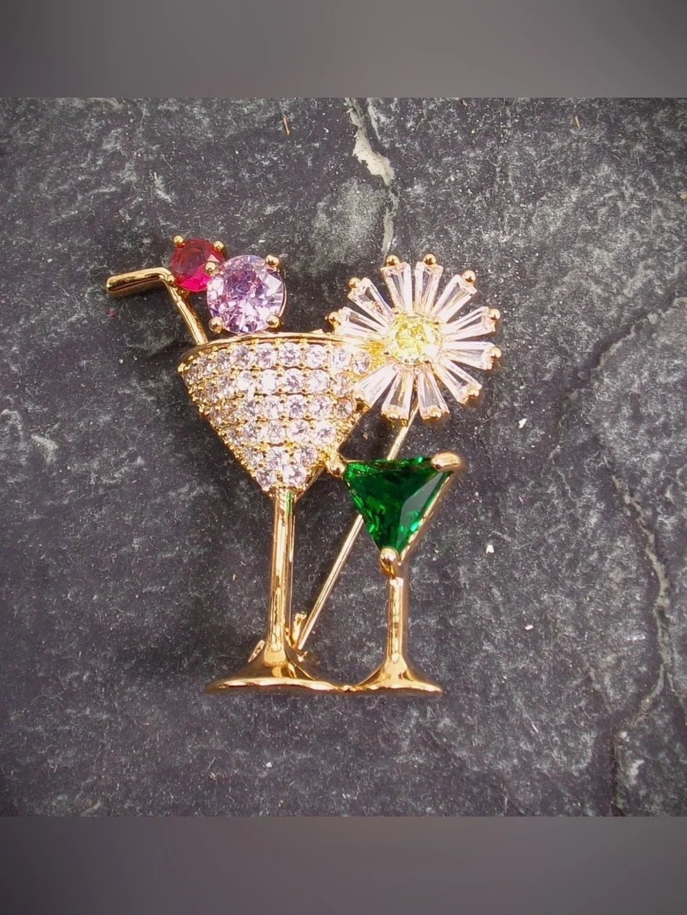 Martini Crystal Brooch Pin Colorful CZ Cocktail Jewelry Gold Plated New
